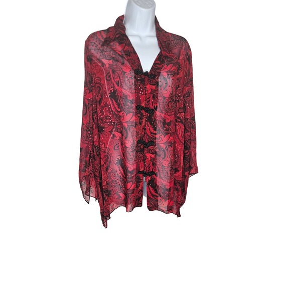 Dressbarn‎ Woman Red Black Paisley Sheer Blouse Top Frog Closures 14/16 Sequins - Picture 1 of 6